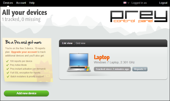 Панель управления устройствами на сайте Prey
