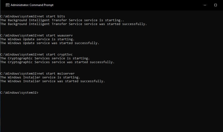 Команды net start в Командной строке для запуска служб обновления