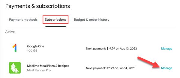 Вкладка Подписки в веб-версии Play Store с кнопкой Управлять.