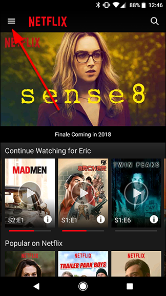 Меню приложения Netflix: настройки приложения