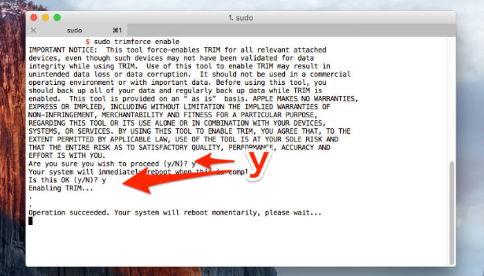 Терминал macOS с командой trimforce и подтверждением включения