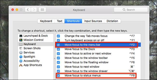 Окно настроек Сочетаний клавиатуры в macOS
