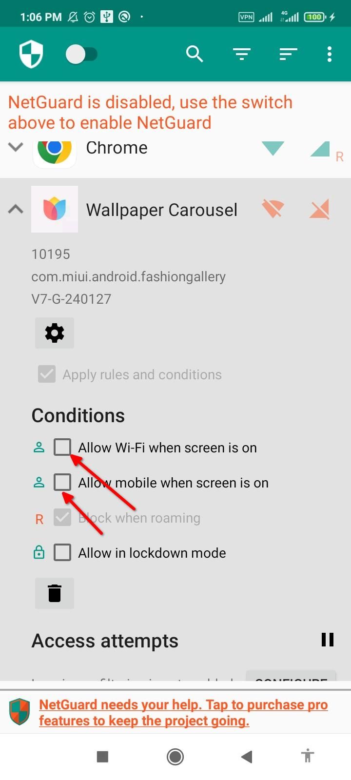 Опции для отдельного приложения в NetGuard.