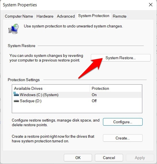Выбор точки восстановления в Windows 11