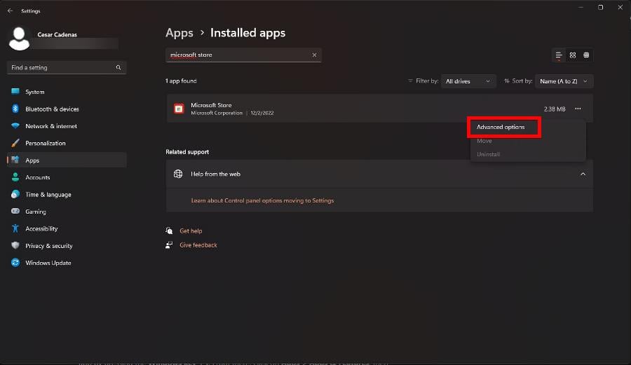 Меню дополнительных параметров приложения Microsoft Store