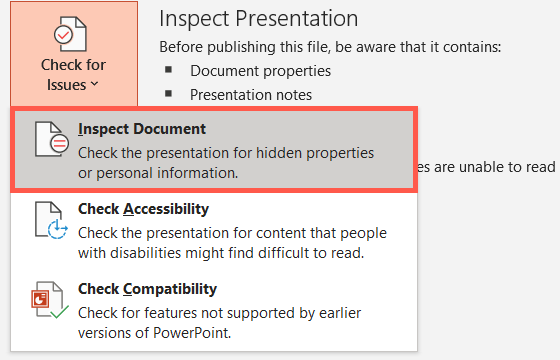 Нажмите Check for Issues и выберите Inspect Document