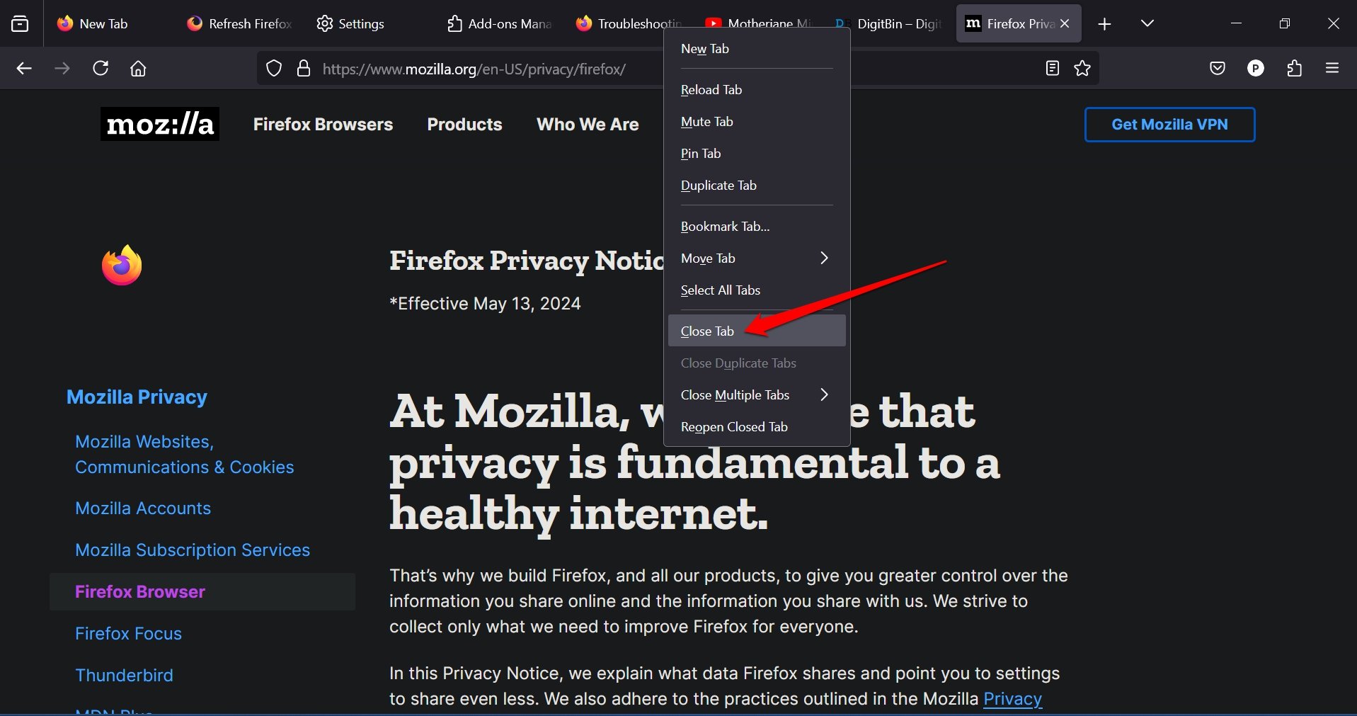 Chiusura di una scheda nel browser Firefox su PC