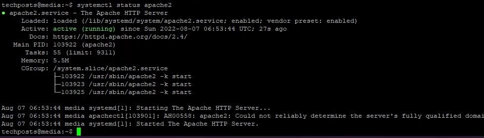 Проверка статуса Apache после установки