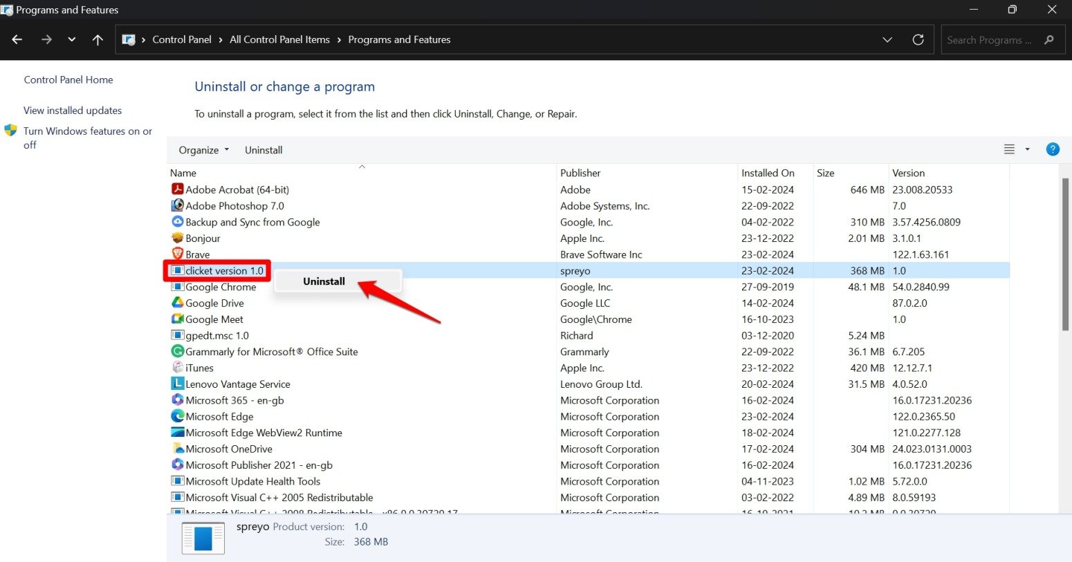 Удаление Clicket через Programs and Features