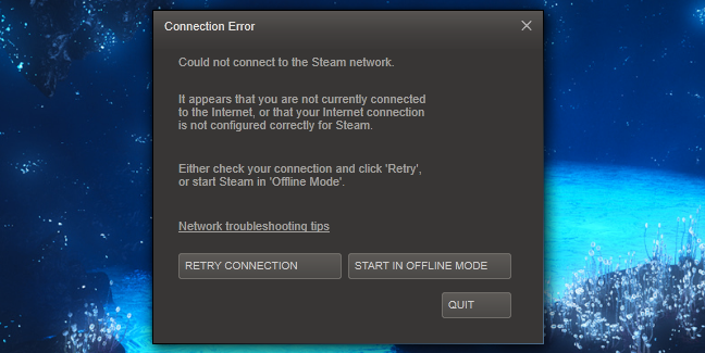 Steam предлагает включить автономный режим при отсутствии сети