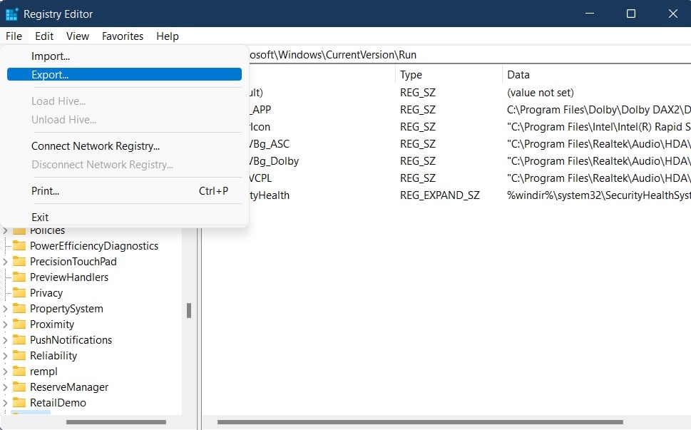 Экспорт реестра для резервной копии
