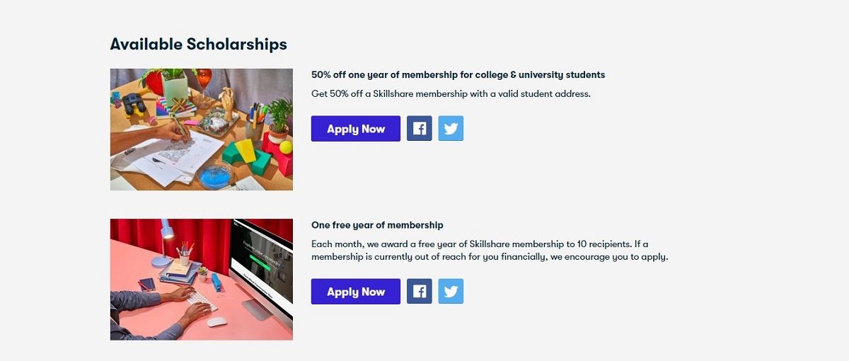 Миниатюры текущих стипендий Skillshare с краткой информацией