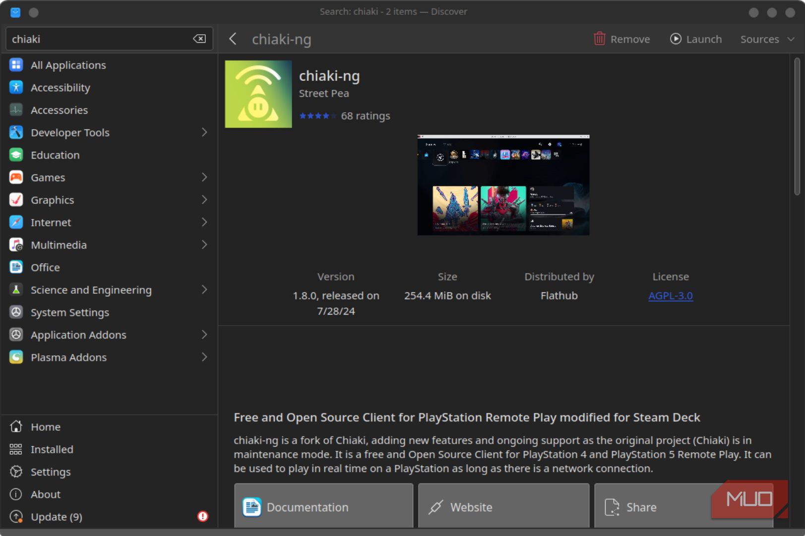 Gray menu with green Chiaki-ng icon and description on right