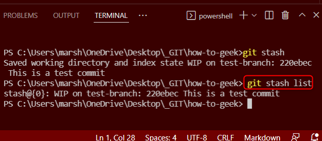 Вывод команды git stash list в терминале