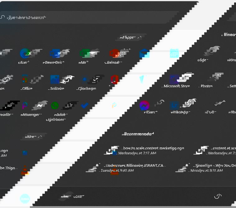 Schermata del menu Start di Windows 11 con impostazioni