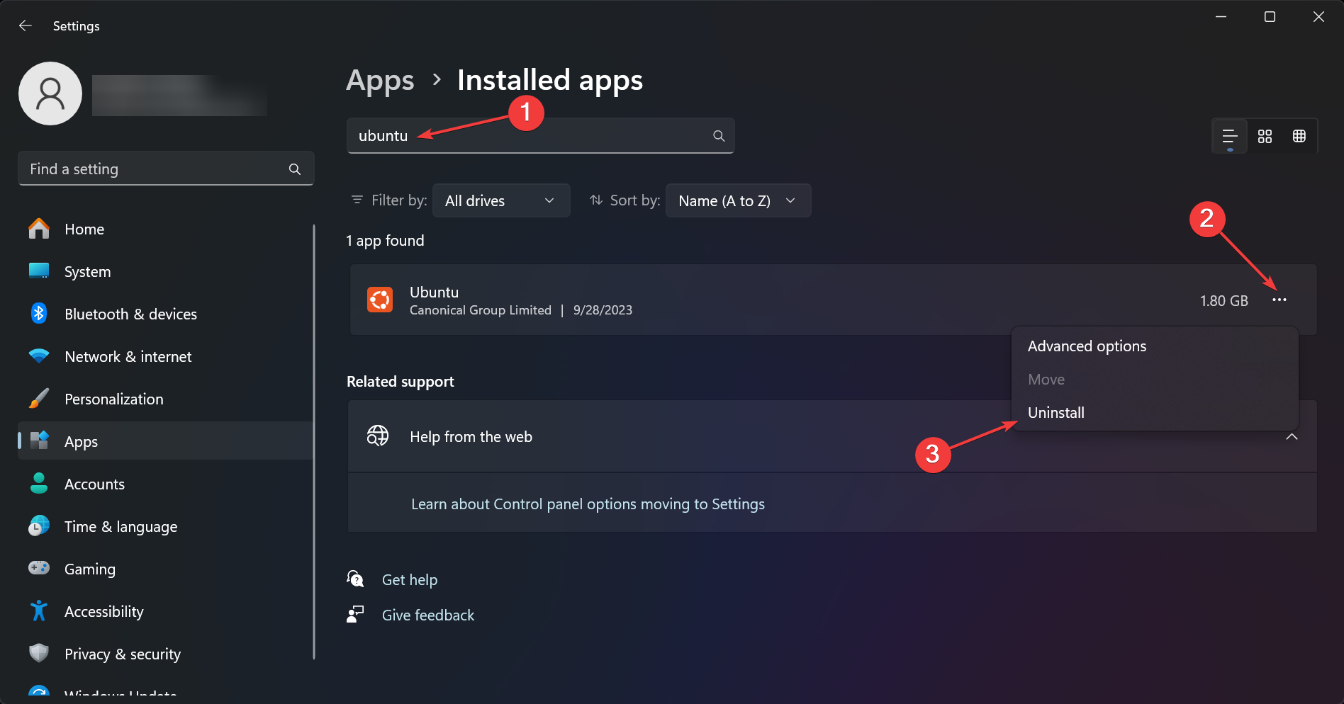 Удаление Ubuntu через интерфейс 'Установленные приложения'