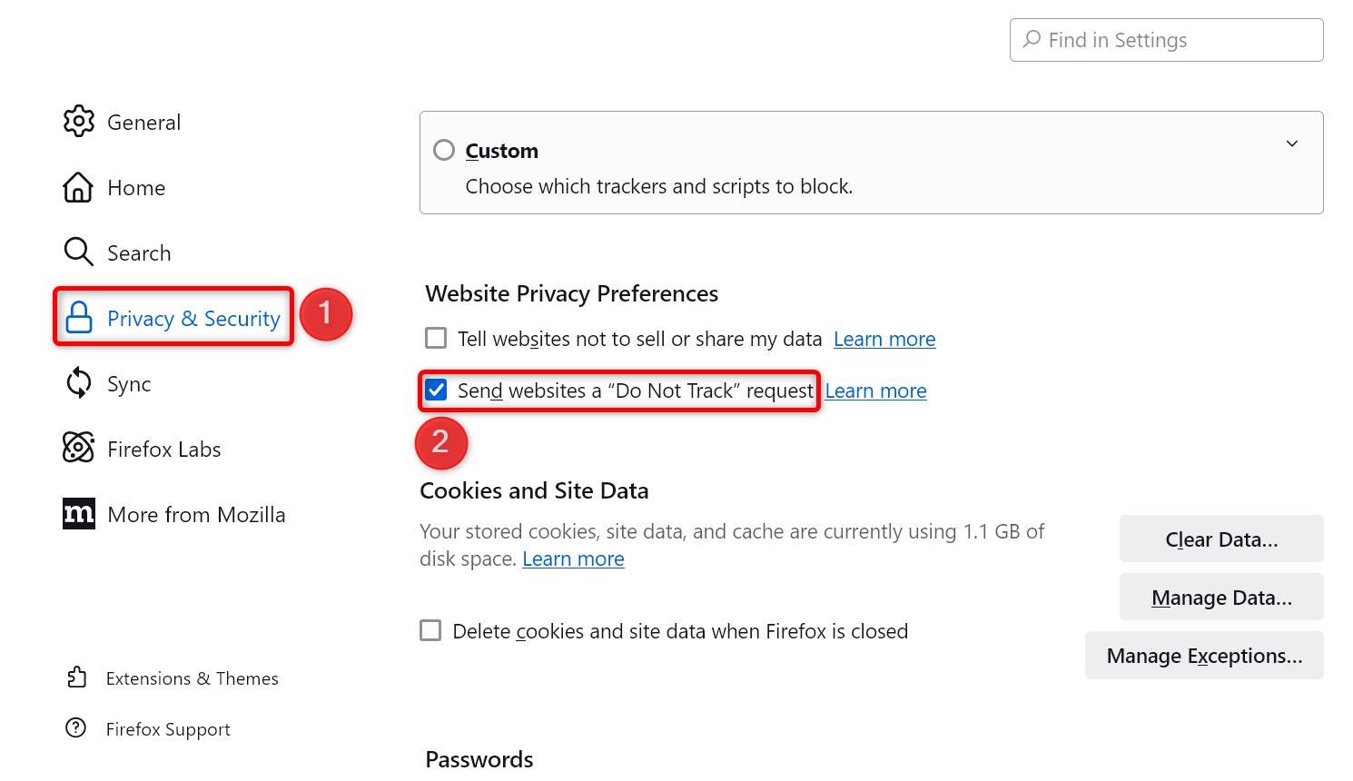 Раздел Privacy & Security и опция Send Websites a Do Not Track Request в настройках Firefox