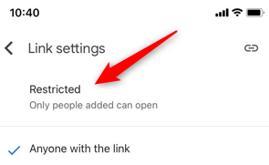 Установите режим «Ограничено», чтобы ограничить доступ по ссылке