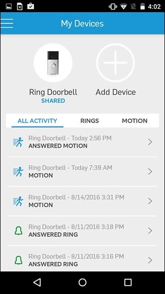 Просмотр устройства и истории событий в приложении Ring