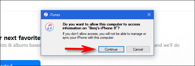В iTunes нажмите «Продолжить», чтобы разрешить доступ к устройству.