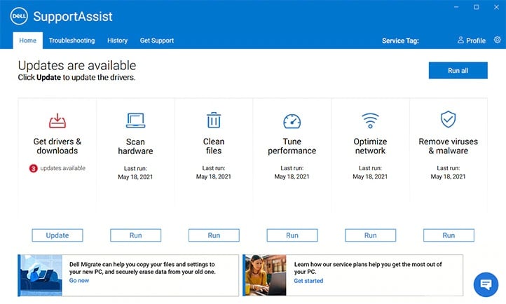 Интерфейс Dell SupportAssist — очистка и оптимизация
