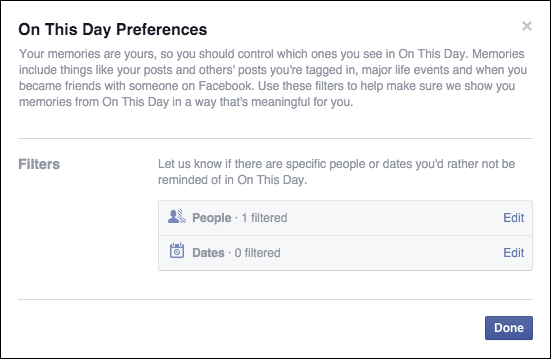 Подтверждение и ссылка на настройки воспоминаний