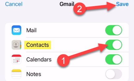 Включите синхронизацию Контактов и нажмите Сохранить.