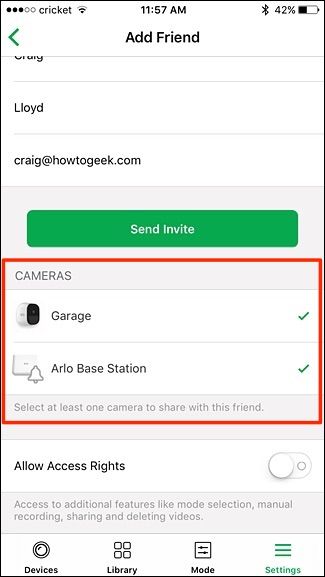 Опция Разрешить права доступа для приглашённого