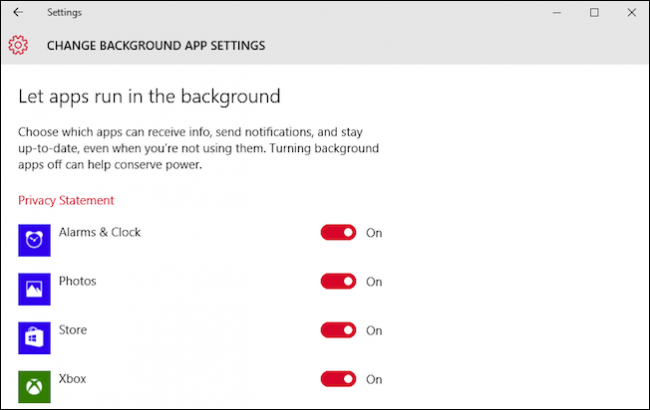 Список фоновых приложений с переключателями