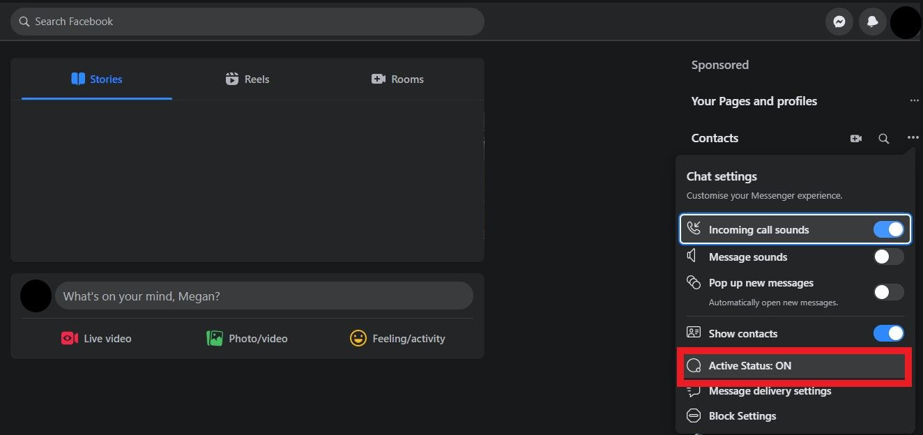 Настройки чата Facebook: меню с тремя точками