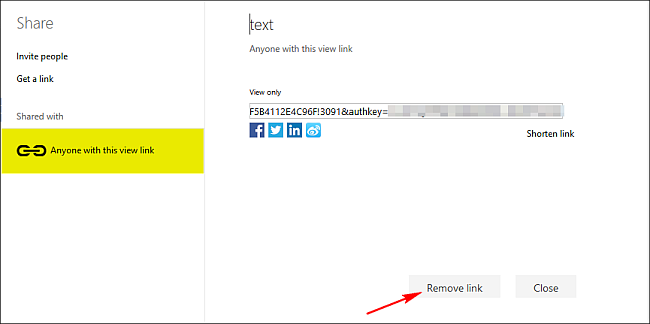 Скриншот: изменение прав Поделился с в OneDrive