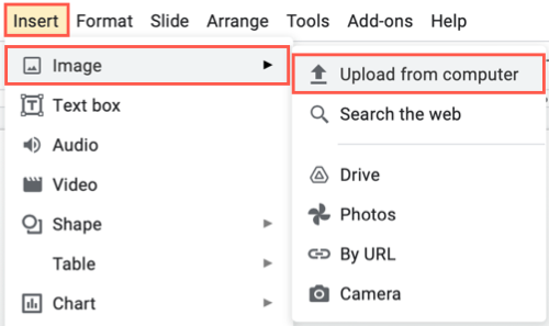 Выберите Вставка, Изображение, Загрузить с компьютера.