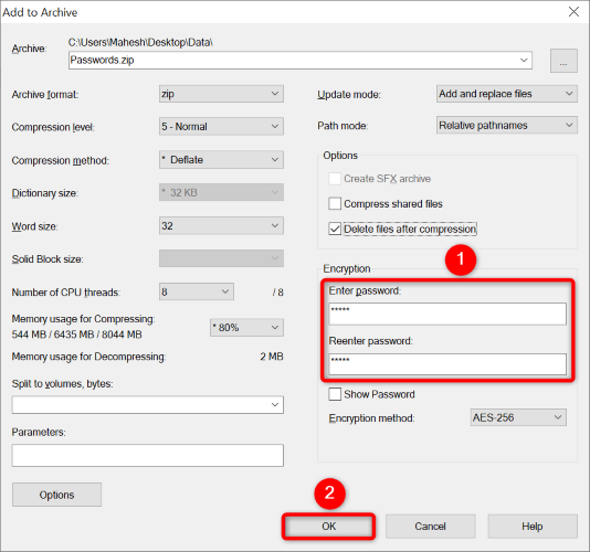 Введите пароль в разделе шифрования и нажмите OK.