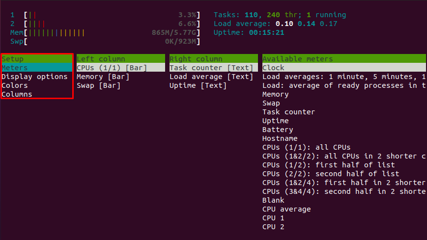 Меню настроек htop