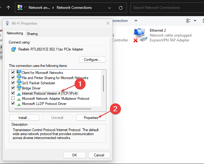 Настройки IPv4 в свойствах подключения