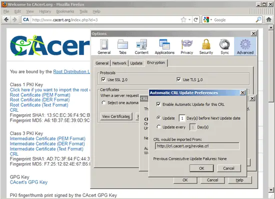 Включённое автоматическое обновление CRL в списке