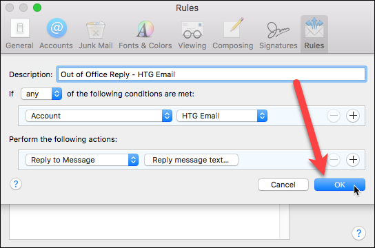 Подтверждение сохранения правила нажатием OK
