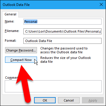 Кнопка Compact Now в настройках файла данных
