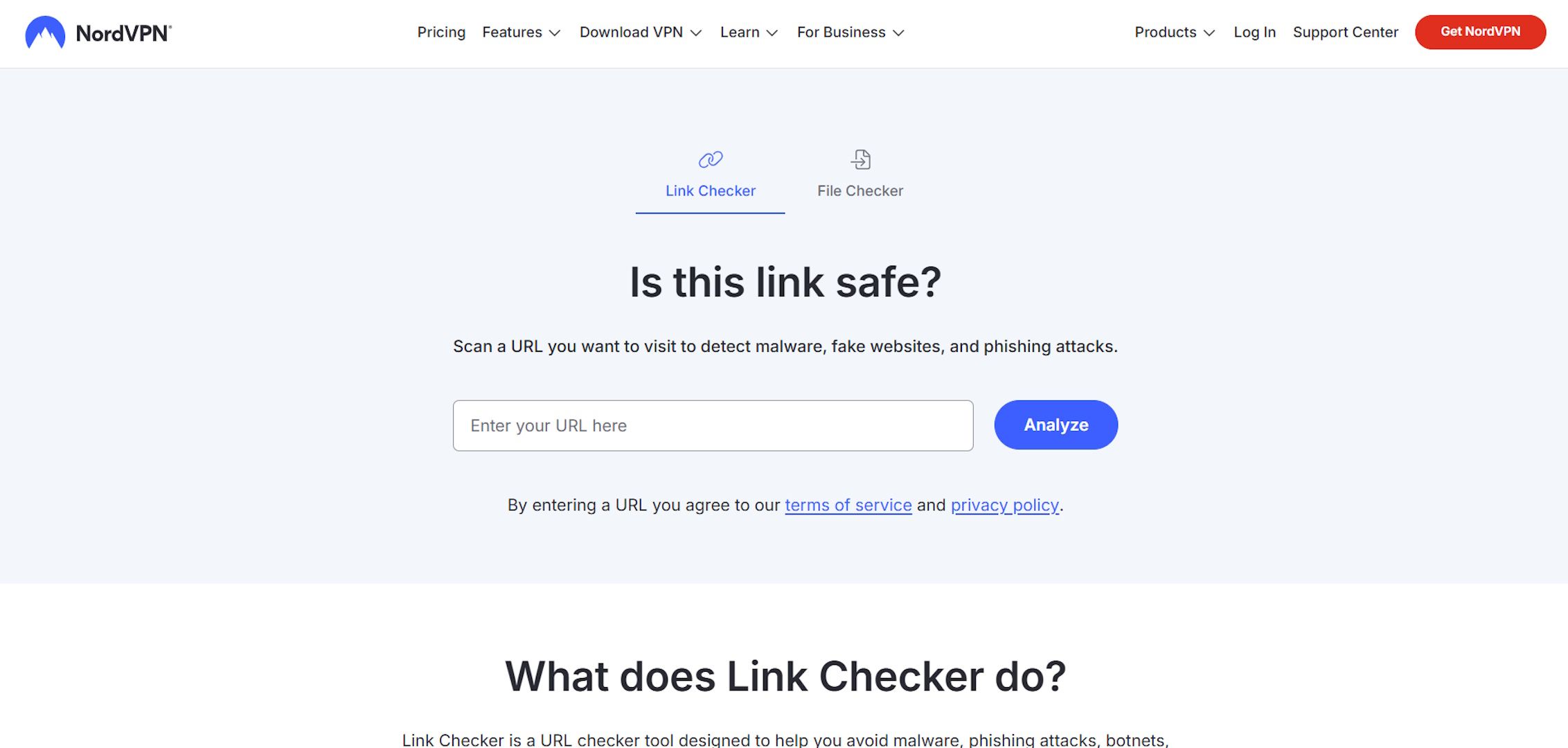 Интерфейс NordVPN Link Checker: поле для вставки ссылки и кнопка 