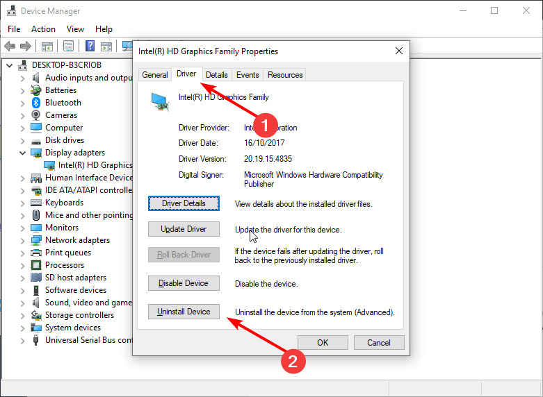 Кнопка «Удалить устройство» во вкладке Драйвер
