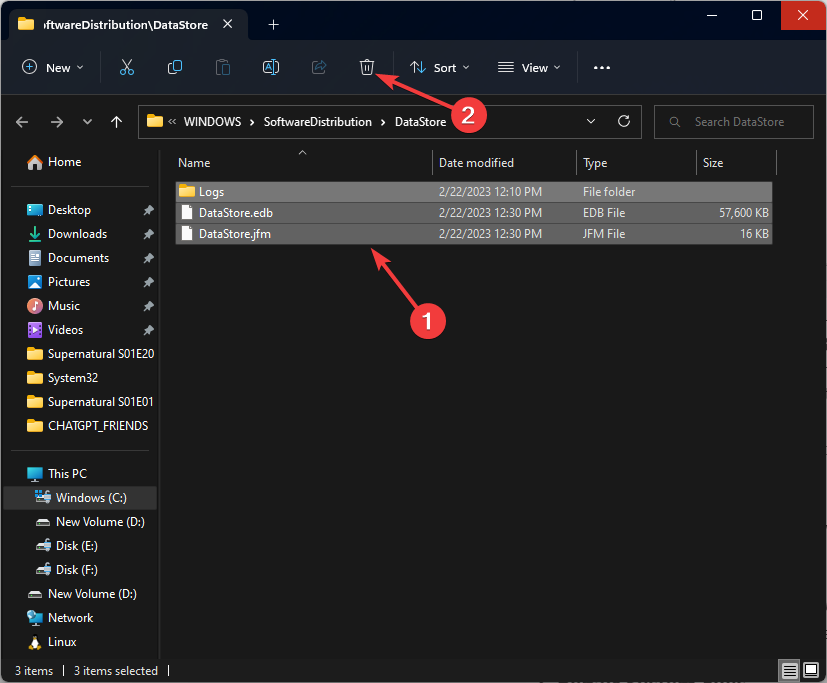 Удаление содержимого папки DataStore в Проводнике