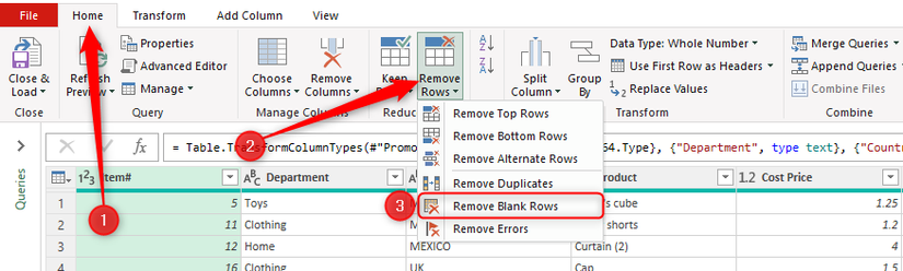 Опция Remove Blank Rows выбрана в Power Query.