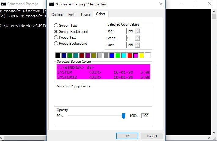 Смена цветовой схемы и прозрачности в свойствах