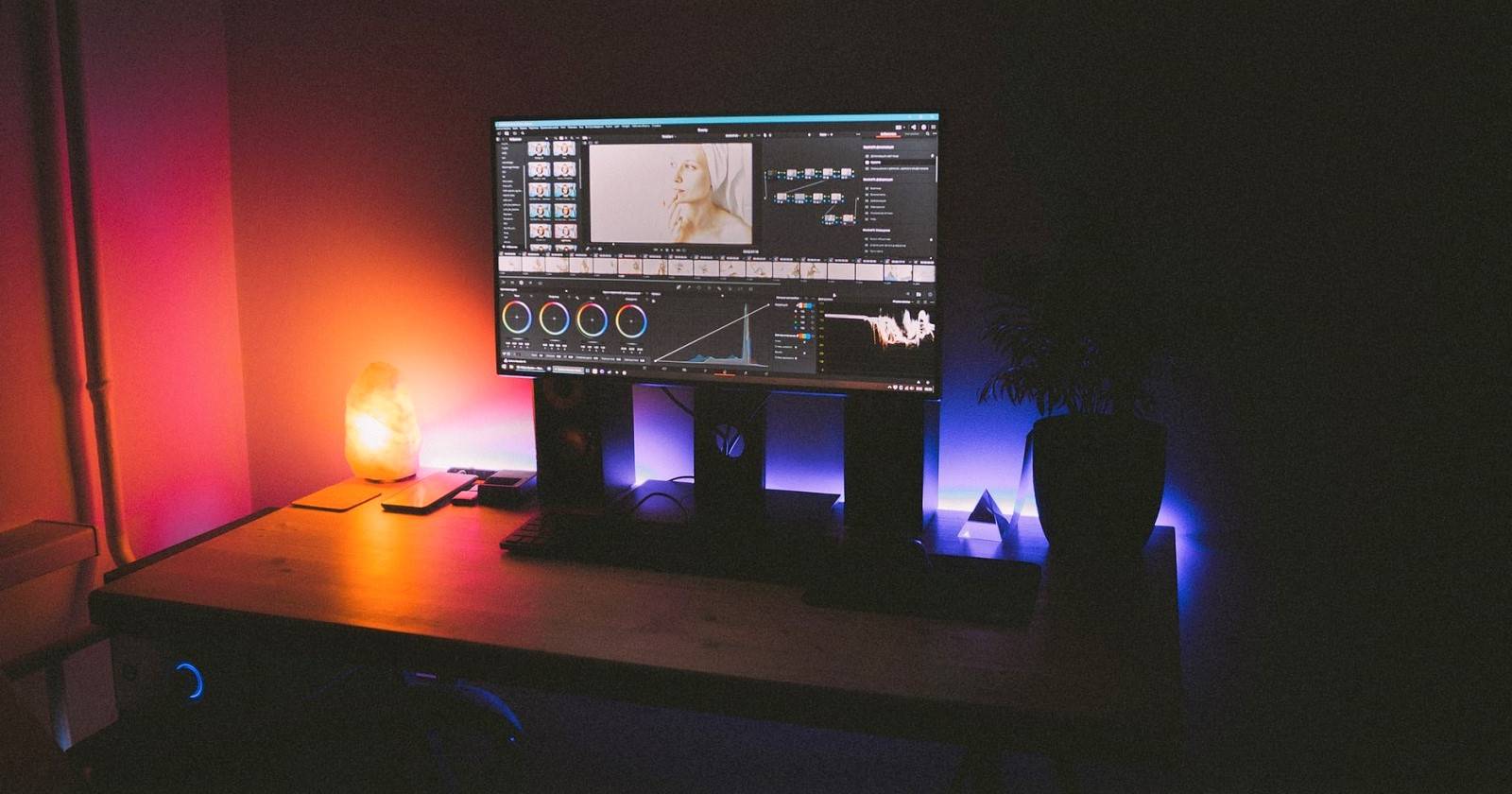 Компьютер на столе с открытым DaVinci Resolve