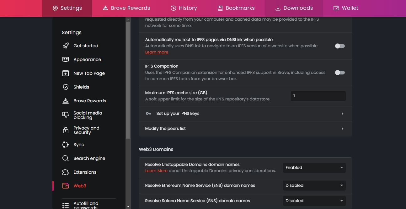 Скриншот настроек Unstoppable Domains в Brave
