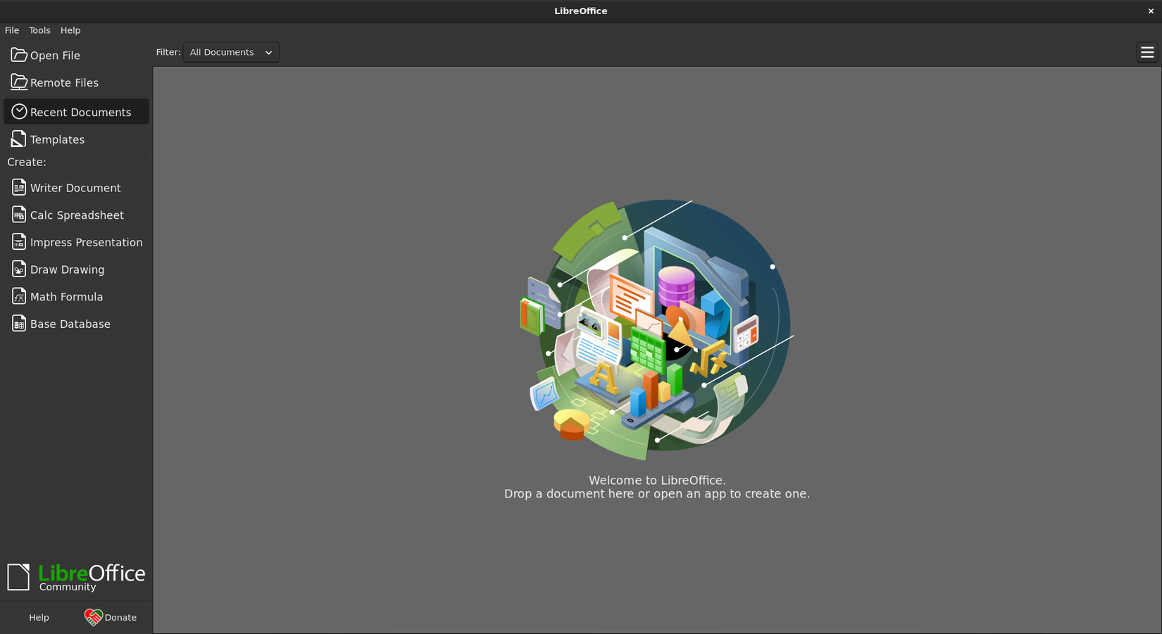 Schermata di avvio di LibreOffice con opzioni per caricare e creare file.