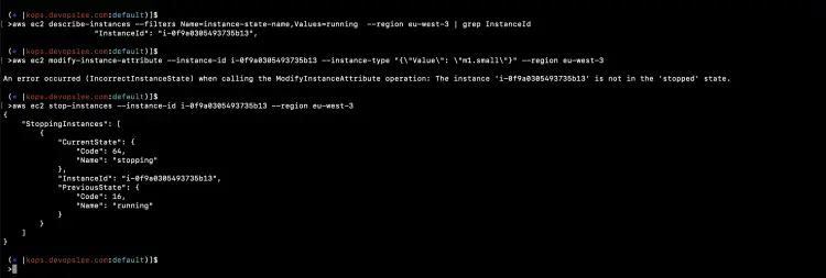 Остановка EC2 в консоли AWS