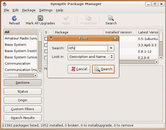 Результат поиска пакета ntfs в Synaptic