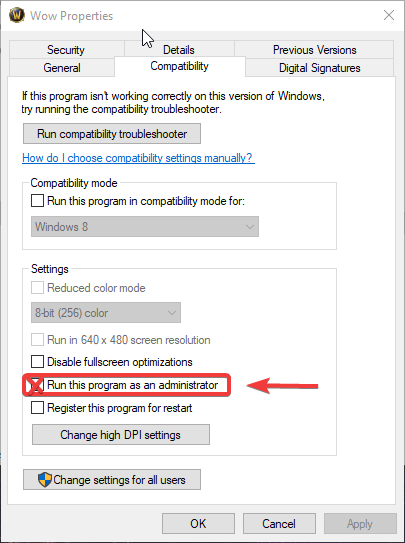 Настройки совместимости — запуск от имени администратора