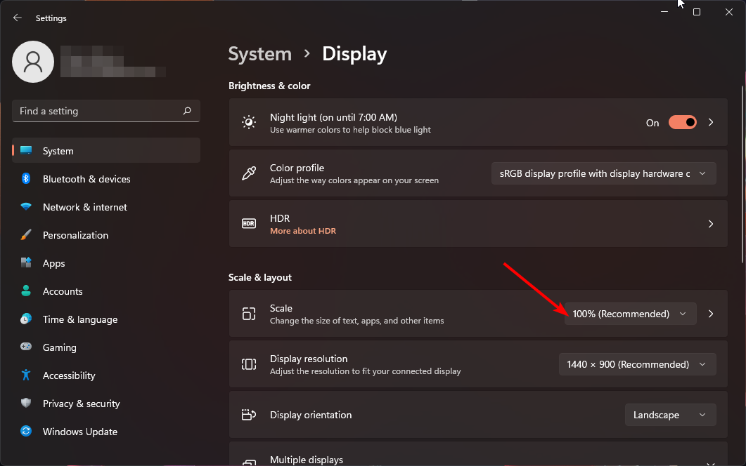 Выбор масштаба в Параметрах Windows 11